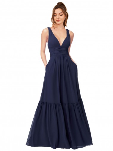 Floor Length Deep V-Neck Ruched Chiffon Long Bridesmaid Dress Bristol