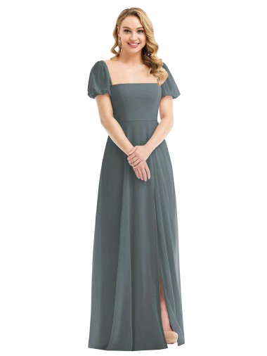Puff Sleeves Chiffon Maxi Bridesmaid Dress with Front Slit Bristol