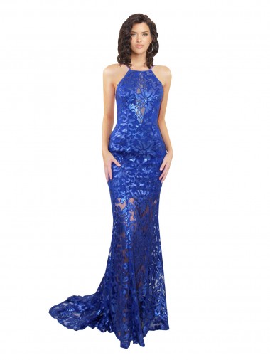 High Neck Long Open Back Lace Bridesmaid Dress / Prom Dress with Train Bristol