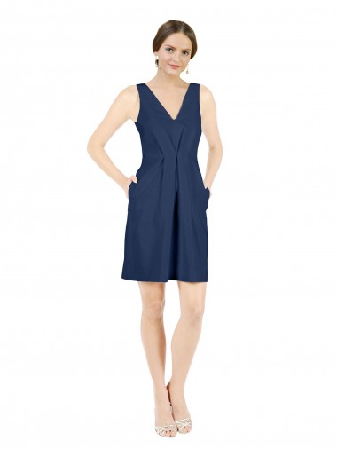 Deep V-Neck Short Knee Length Satin Cocktail Bridesmaid Dress with Slimming Pleats Bristol