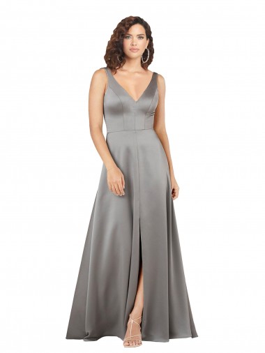 Plunging V-Neckline Long A-Line Formal Silky Satin Bridesmaid Dress / Prom Dress Bristol