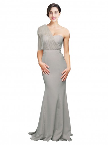 Long Sweep Train Sweetheart Formal Crepe Bridesmaid Dress / Prom Dress with Tulle One Shoulder Bristol