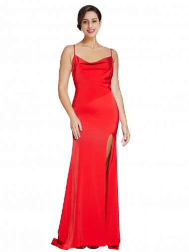 Low Back Cowl Neck Formal Stretch Satin Bridesmaid Dress / Prom Dress with High Side Slit Bristol
