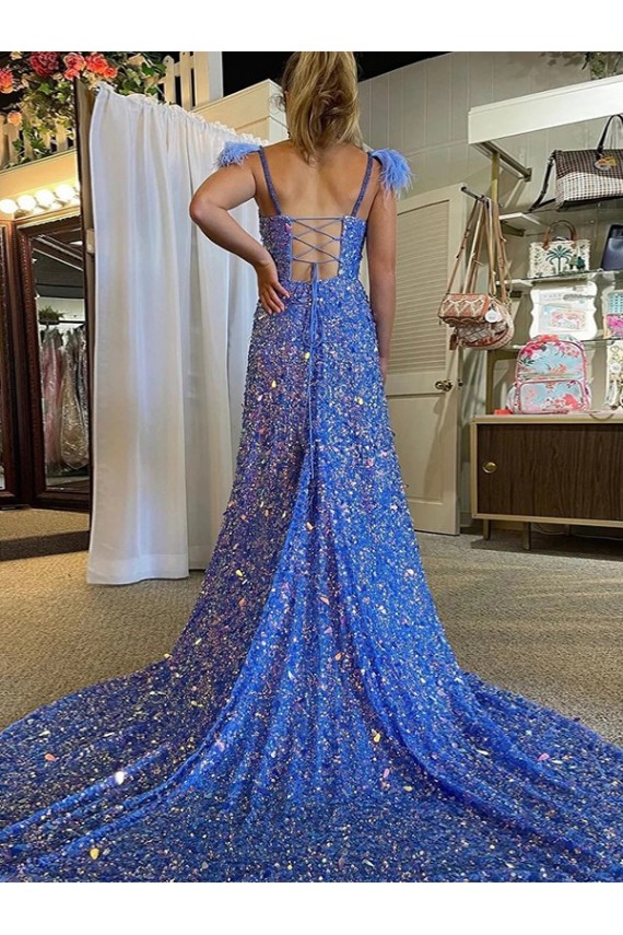 A-Line V-Neck Sleeveless Long Court Train Velvet Sequin Prom Dress with High Slit Bristol