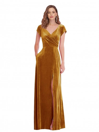 Cap Sleeve Faux Wrap Formal Velvet Maxi Bridesmaid Dress / Prom Dress with Pockets Bristol