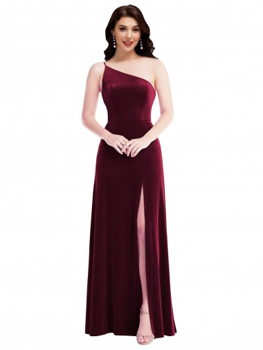 One Shoulder Spaghetti Strap Velvet Maxi Bridesmaid Dress / Prom Dress with Pockets Bristol